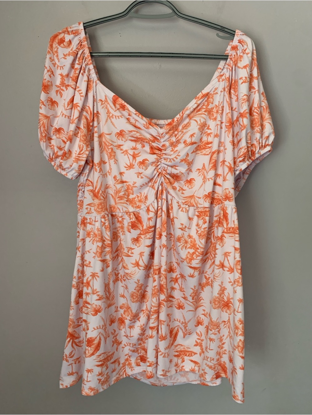 mySTYLE 2X Orange White Tropical Floral Babydoll Tunic Top Puff Sleeves